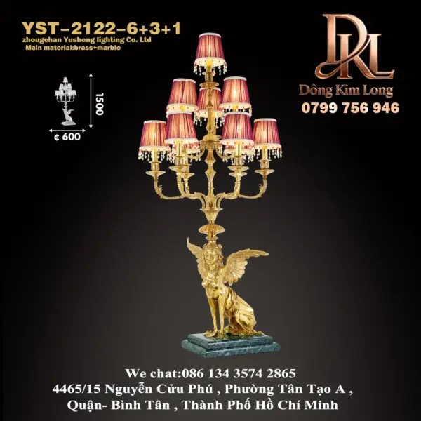 YST-2122-6+3+1 Đèn bàn lớn phòng khách biệt thự kiểu Pháp bằng đồng nguyên khối phong cách châu Âu sang trọng, trang trí quầy lễ tân khách sạn, cung điện cổ điển, đèn đồng phủ sáp YST-2122-6+3+1