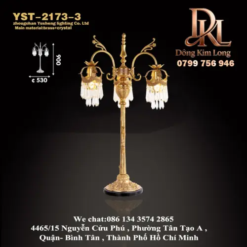 YST-2173-3 Đèn bàn đồng phong cách Pháp tuyệt đẹp với đồng thau trang trí pha lê YST-2173-3