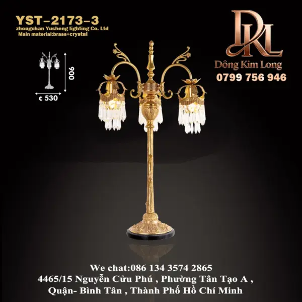 YST-2173-3 Đèn bàn đồng phong cách Pháp tuyệt đẹp với đồng thau trang trí pha lê YST-2173-3