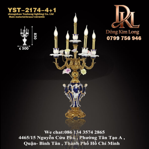 YST-2174-4+1 Đèn bàn phòng khách biệt thự bằng sứ màu hoa và chim cổ điển sang trọng chạm khắc thủ công bằng gốm đồng YST-2174-4+1