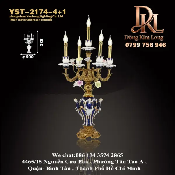 Đèn bàn phòng khách biệt thự bằng sứ màu hoa và chim cổ điển sang trọng chạm khắc thủ công bằng gốm đồng YST-2174-4+1